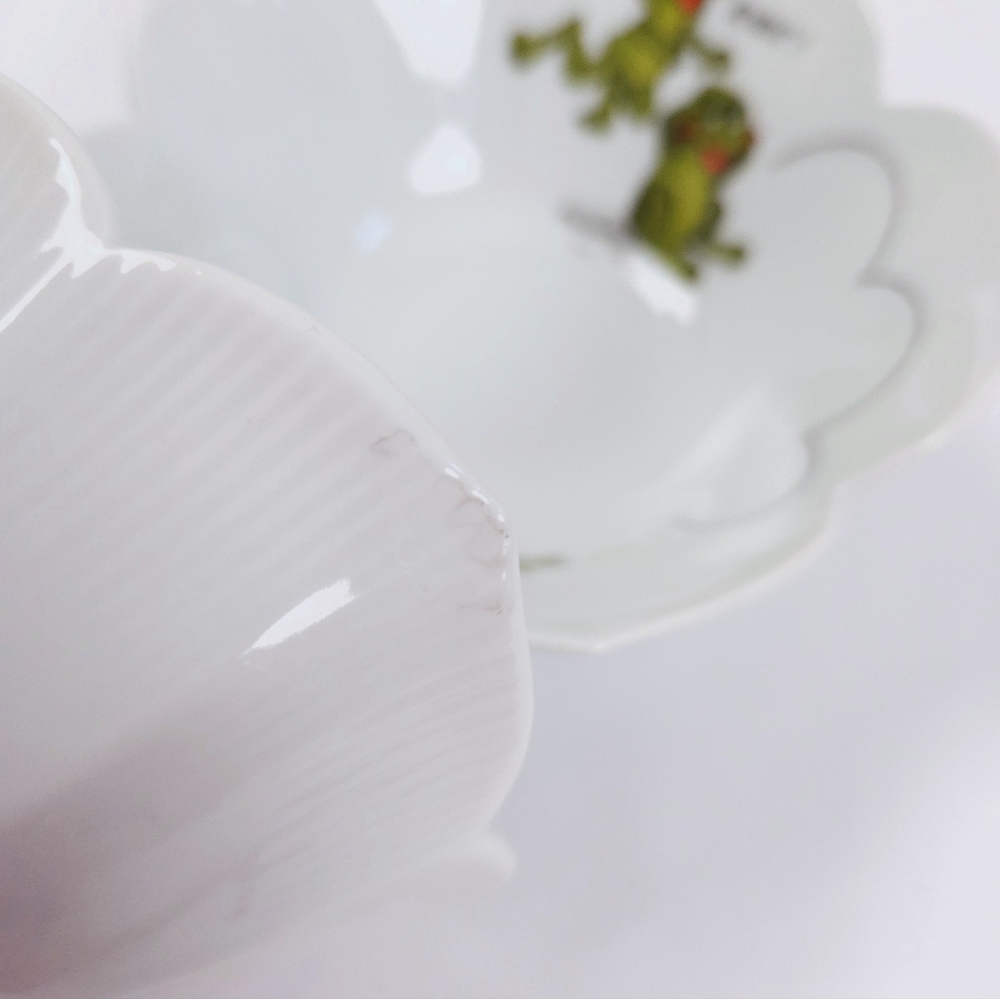 Suzy's Zoo Enesco Set Of 2 Vintage 70s Ceramic White Green Frog Lotus Bowls - Picture 13 of 14